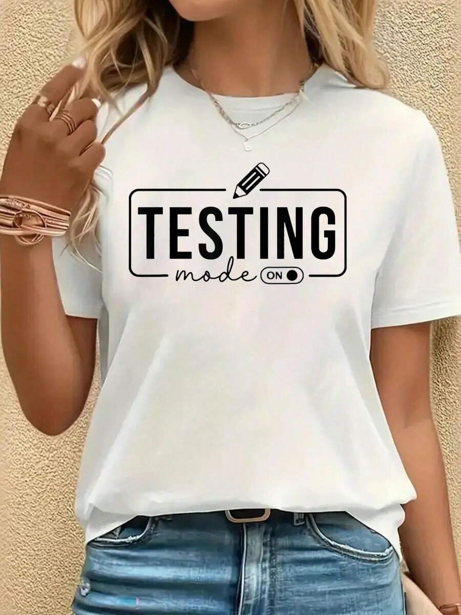 Test Day Teacher Shirt Testing Mode On Gifts For Women Kids T-Shirt, Casual Crew Neck Short Sleeved Summer Top,White T-Shirt - 白色 - 查看 1