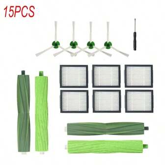 Kit de repuestos para aspiradora robot Roomba de las series E/I/J, E5 E6 E7 I2 I3 I3+I4 I4+ I6 I6+ I7 I7+ I8 I8+/Plus - Incluye 4 cepillos principales, 4 cepillos laterales, 6 filtros HEPA y 1 accesorio de herramientas de limpieza (paquete de 15)