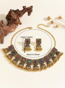 3pcs/Set Elegant Boho Style Rhinestone Jewelry Set, Includes Necklace Pendant & Jhumka Earrings, Traditional Accessories, Suitable For Women's Daily Wear, Festivals, Weddings And Parties/Jewelry Gift