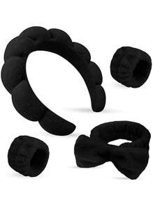 4pcs Luxury Microfiber Spa Headband And Wristband Set, Face Washing Headband, Makeup Headband, Skin Care Headband, Velvet Fluffy Sponge Headband, Soft Absorbent Terry Cloth Fabric Bubble Fluffy Hairband For Skin Care, Makeup Removal, Shower, Suitable For Women And Girls