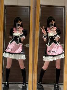 1 Stück süßes Kawaii Doppelreiher-Kleid mit Katzenpfoten-Schürze, rosa Schleife, ohne Katzenohren-Stirnband, japanisches Maid-Kostüm für Cosplay, Partys, Fotoshootings, Halloween
