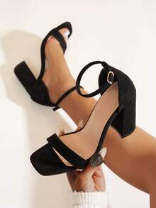 女士黑色高跟凉鞋，优雅夏季仿麂皮露趾粗跟绑带凉鞋 - 黑色 - 查看 2