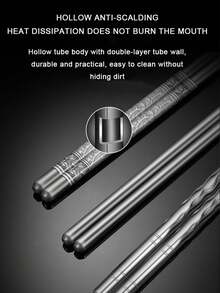 6/10pcs Stainless Steel Chopstick Set, Porcelain Pattern, Non-Slip & Heat-Resistant, Adult Tableware Chopstick Set For Home Use - Silver - View 5