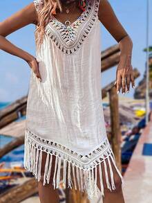 Women's Summer Vacation Style Hand Hook Spliced Colorful Knitted Thread Spliced Tassel V-Neck Pullover Hollowed Out Beach Bikini Cover Short Skirt - 白色 - 查看 1