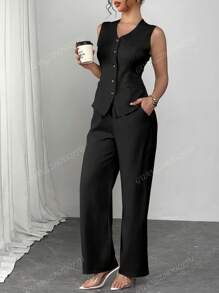 2 Stück/Set Damen Einfarbiges Lässig Pendler Outfit, ärmelloser Einreiher Rückenfrei Krawatte Weste + Hohe Taille Weite Bein Hose, Frühling/Sommer 2025 Europäischer und Amerikanischer Stil