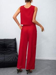 2 Stücke Frühling/Sommer 2025 Europäischer und Amerikanischer Mode Damen einfarbiges minimalistisches Pendler-Set, Rundhals-ärmelloses Crop Top kombiniert mit hochbundigem weitem Beinhose mit Taschen