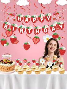 Strawberry Theme Summer Fruit Birthday Party Decoration Set Swirl Hanging Tags Cake Toppers Flag Banner Perfect For Celebrations And Festive Events Ideal Birthday Party Decoration Set