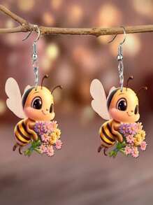 1 par de aretes creativos y lindos de abeja de acrílico sosteniendo un girasol, diseño de animal encantador como regalo para mujeres