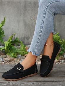 秋冬新款圆头低帮透气时尚休闲乐福鞋，适合所有季节，一脚蹬，金属扣拼接镂空设计，日常通勤，度假，散步，舒适，轻便，纯色，手工蕾丝，天鹅绒材质女士休闲莫卡辛鞋，黑色，女士运动鞋 - 黑色 - 查看 9