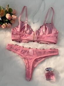 Cute-Sweet Underwire  Beautiful Embroidered Floral Lingerie Set, With Lined Comfortable Bra And Underwear, Wired Bra And Panties, For Outerwear, Daily Lingerie - 酒紅色 - 查看 2