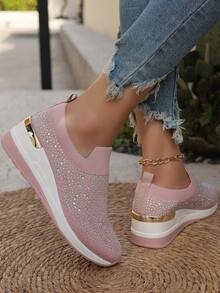 大码女式一脚蹬休闲运动鞋，带钻石网眼鞋面 - 粉紅色 - 查看 4