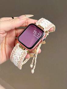 Handmade Bohemian Braided Watch Band Compatible With Watch 38mm 40mm 41mm 42mm 44mm 45mm 46mm 49mm, Fashion Handcrafted Watchband Replacement For Watch SE 10 9 8 7 6 5 4 3 2 1 Series - Pink - View 2