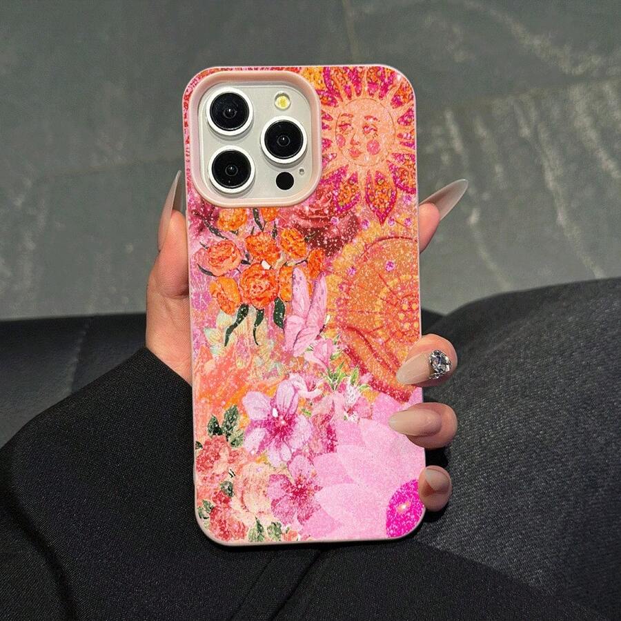 The Pink Case Para Phone With Sun And Flower Patterns, Suitable For Phone 16/15/14/13/12/11, Is An Ideal Choice For Family/Friends/Lovers