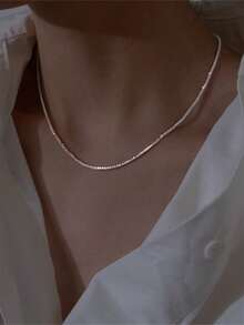 1pc Stainless Steel Shiny Broccoli Textured Delicate Chain Necklace For Women - Silver - View 2