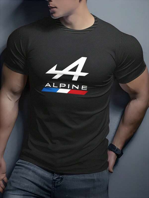 Men's Letter "ALPINE" Print Casual Round Neck Short Sleeve T-Shirt, 3D Front & Back Print Sports Tee For Summer