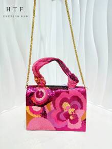 Sequin Embroidered Floral Design Evening Bag, Elegant And Refined Fashion Women's Clutch Bag With Metal Chain, Suitable For Parties, Weddings, Galas, Halloween Celebrations, Colorful Crossbody Bag, Party Bag Perfect For Party Wedding Prom Dinner/Banquet Matching With Holiday Party Dress Evening Bag