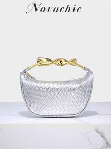 Novachic, geantă vintage din paie cu mâner metalic răsucit, geantă de vară pentru femei, mini geantă crossbody cu fermoar, geantă de umăr casual din paie țesută, perfectă pentru plajă și accesorii de vacanță