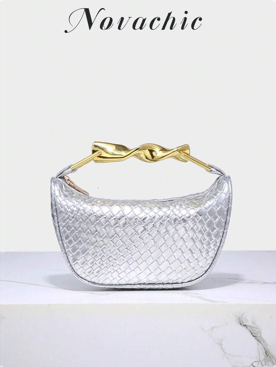 Novachic, geantă vintage din paie cu mâner metalic răsucit, geantă de vară pentru femei, mini geantă crossbody cu fermoar, geantă de umăr casual din paie țesută, perfectă pentru plajă și accesorii de vacanță