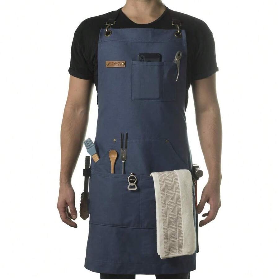 Asaya Chef And BBQ Apron With Bottle Opener And Hand Towel - 10oz Cotton Canvas, Stainless Steel Hardware - Cross Back Straps - Blue - View 1