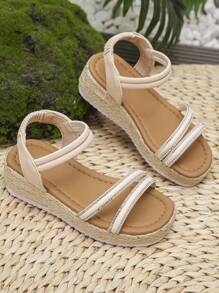 1 pereche de sandale albe cu strasuri pentru fete adolescente, sandale de plajă la modă cu vârf pătrat și talpă groasă, pantofi de vară confortabili și ușori din frânghie țesută pentru școală și purtare zilnică