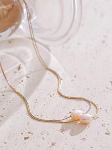 1pc Cultured Pearl & Copper Gold Plated Necklace, Simple & Fashionable, Suitable For Women's Daily Wear, Party, Gift