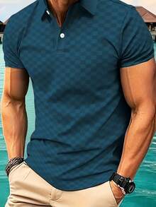 Camisa polo deportiva de manga corta con estampado de cuadros para hombres, adecuada para el trabajo diario, el trayecto y actividades al aire libre/vacaciones - Azul - Ver 3