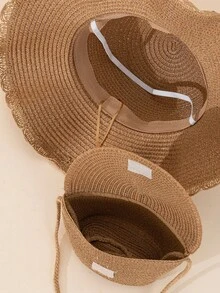 2 件套女士卡其色海滩波浪太阳帽和斜挎草编手提包套装，适合旅行和度假 - 卡其色 - 查看 4