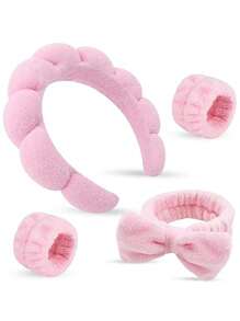 4pcs Luxury Microfiber Spa Headband And Wristband Set, Face Washing Headband, Makeup Headband, Skin Care Headband, Velvet Fluffy Sponge Headband, Soft Absorbent Terry Cloth Fabric Bubble Fluffy Hairband For Skin Care, Makeup Removal, Shower, Suitable For Women And Girls