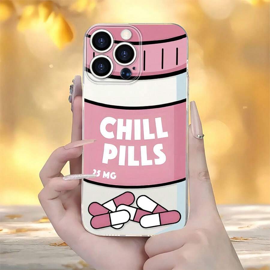 Funda para teléfono móvil "Chill Pills", decorada con diseño de frasco de pastillas y cápsulas, adecuada para modelos 16, 15, 14, 13, 12 y 11 Pro, fabricada en material TPU y ofrece protección anti-golpes. Ideal para regalar a familia, amigos, niños, cumpleaños, primavera, vacaciones, novios, novias y San Valentín. - transparente - Ver 1