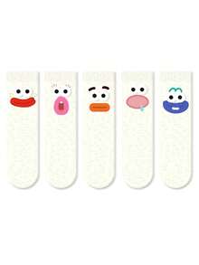 1/5 Pairs Cute Cartoon 3D Big Eye Funny Casual Crew Socks For Women, Spring/Summer, Fall