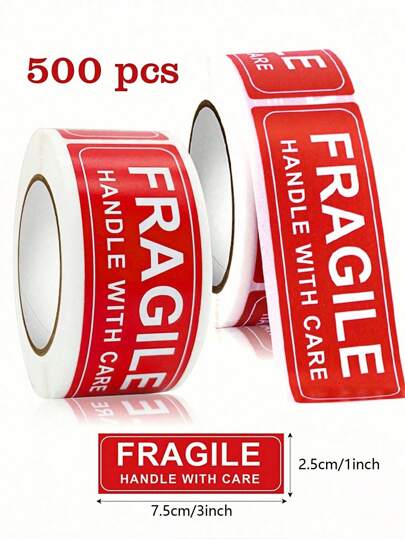 500pcs/150pcs/Roll Fragile Handle With Care Warning Stickers, Self-Adhesive Labels 1" X 3", Permanent Adhesive Labels, Essential For Travel, For Shipping, Packaging, DIY, Clear Branding Information