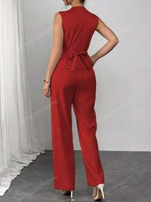 2 Stück/Set Damen Einfarbiger Lässig Pendler Outfit, ärmelloser Einreiher Rückenbindung Weste + Hohe Taille Weite Bein Hose, Frühling/Sommer 2025 Europäischer und Amerikanischer Stil