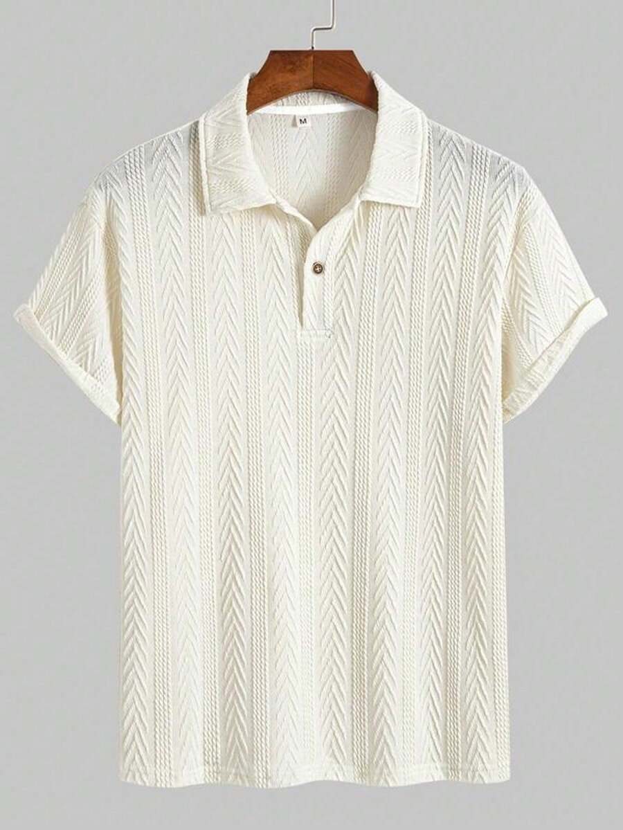 Men's Regular Solid Color Textured Polo Shirt, Summer Casual Short Sleeved Button Up Front Cardigan School Top, Daily Streetwear Men's Clothing, Vintage Clothing, Summer Polo Shirt, Men's Polo Shirt - 米色 - 查看 1