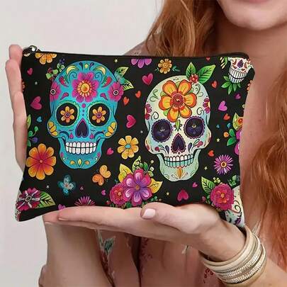 1 pieza Bolsa de maquillaje con calavera floral gótica - Fondo negro vibrante con diseño de flores y corazones de colores, organizador de cosméticos portátil para viajes, almacenamiento de artículos de tocador y uso al aire libre, material de poliéster, unisex adulto, organizador para exteriores | Patrón vibrante | Material de fácil cuidado, Vuelta al colegio, Regalo de Navidad