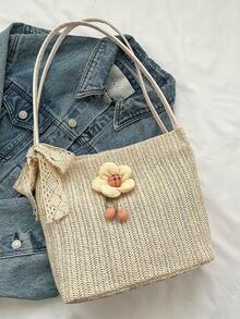 别致向日葵草编托特包，2025新款时尚休闲单肩包，韩版编织沙滩包，女士 - 白色 - 查看 8