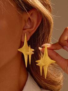 1 Pair Sparkling Star-Shaped Long Earrings, Personalized Stacked Star Design To Brighten Your Beauty