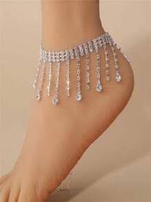 1 pièce Bracelet de cheville à pompons avec strass, bracelet de cheville minimaliste à double couche en forme de goutte d'eau pour les femmes, style estival décontracté, motif géométrique vintage en cuivre