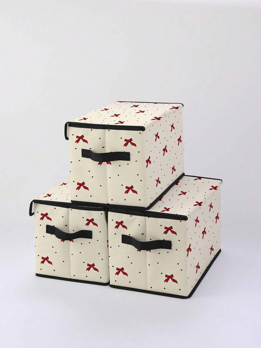 1pc Bow Pattern Printed Storage Box With Lid, Foldable Bin With Handle, Lightweight Storage Basket, Multi-Purpose Covered Storage Box, Collapsible Clothes & Bedding Storage Container, Zipper Fabric Organizer For Clothes, Sundries And More,Dorm Room - Multicolor - View 1