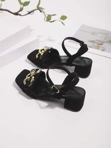 1 Pair Fashion Women Chunky Heel Sandals, Solid Color Open Toe, Simple & Stylish, Suede Covered Heel, Fashionable European And American Design - 金黑 - 查看 7