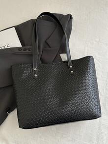 Túi Tote In Chữ Dung Tích Lớn, Túi Đeo Vai Thiết Kế Đơn Giản Cho Nữ, Thích Hợp Đi Làm, Phong Cách Châu Âu & Mỹ - màu đen - Xem 4
