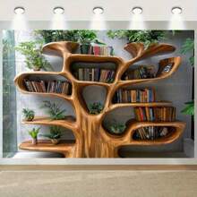 1 pieza Estantería en forma de árbol 2D con plantas verdes y luces de hilo - Rústico otoñal, perfecto para rincones de lectura acogedores, fondos de fiesta y accesorios de fotografía, disponible en varios tamaños, decoración de libros