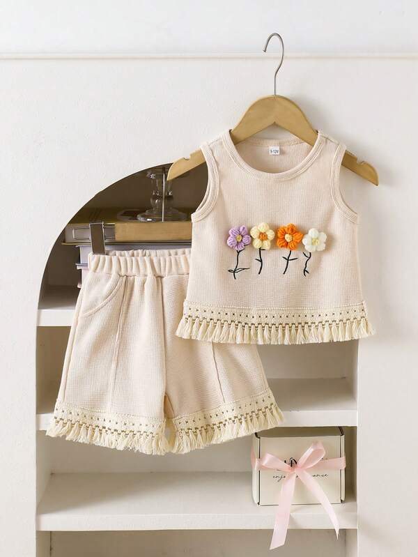 Set de 2 piezas de vestido de tirantes y pantalón corto con bordado floral vintage para bebés niñas de 0 a 3 años, para verano