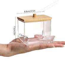[Soporte transparente para bastoncillos de algodón] Soporte de plástico transparente y con tapa de madera, de moda, para almacenar bastoncillos de algodón, almohadillas de maquillaje, bolas de algodón, etc. Diseño transparente para ver fácilmente el contenido, almacena un recipiente de plástico transparente, accesorio de baño. (El producto puede tener pequeños rasguños, lo cual es normal y no afecta su uso)