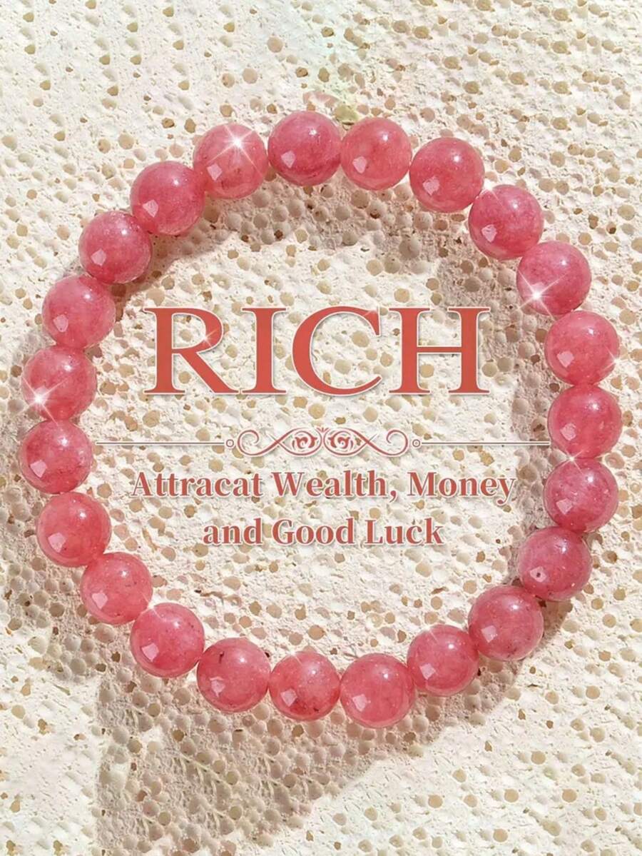 优雅天然石珠手链 - 粉色和紫色弹力绳设计，招财进宝，精致日常珠宝礼品，精神配饰，彩色珠子，优质材料 - 粉色 - 查看 1
