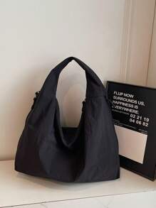 Bolsa de mão em tecido de nylon preto, nova coleção primavera/verão 2025, bolsa de ombro de grande capacidade em cor sólida, bolsa casual de tecido despojado, bolsa tote versátil estilo universitário, simples e moderna, bolsa de viagem com vários bolsos com zíper
