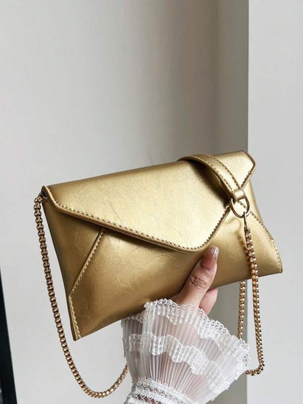 Bolsa de Ombro de Couro Simples da Moda Feminina, Bolsa de Mão com Corrente de Metal Nobre, Jantar de Encontro, Meninas Jovens, Casais Namorando, Jantar de Negócios