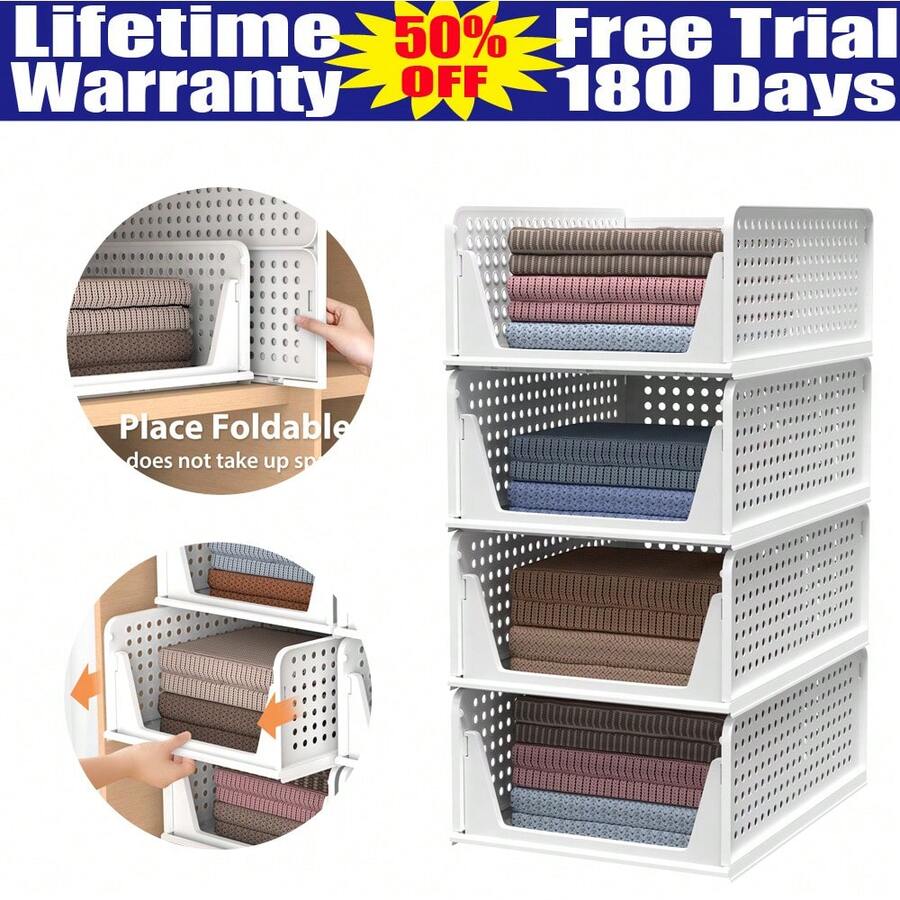 4 Pack Stackable Folding Wardrobe Organiser Shelf Rack Closet Storage Box Drawer - White - View 1