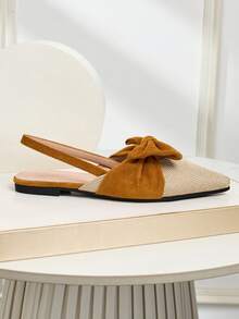 Fall/Winter 2025 New Korean Style Bowknot Pointed Toe Backless Slip-On Mule Shoes, Fashion Versatile Casual Hollow Out Sandals For Ladies, Suitable For All Seasons,Flats