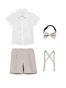 Conjunto de 4 peças: Camisa de Manga Curta + Shorts + Gravata Borboleta + Suspensórios para Meninos Jovens, Uniforme Escolar, Traje para Ocasião Formal, Roupa Diária, Adequado para Apresentação Escolar, Casamento, Festa no Verão