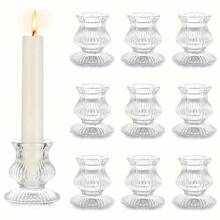 10pcs Glass Tabletop Candle Holders, Clear, Crystal Ribbed, Polished, For Table Centerpiece, Wedding, Advent Wreath, Christmas, Thanksgiving, Dinner